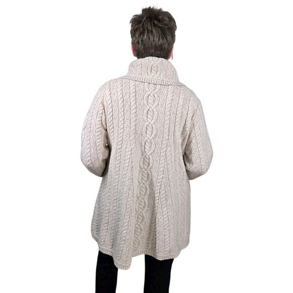 Aran Crafts 100% Merino Wool Cable Knit Cardigan L Beige Oatmeal Shawl Collar - Picture 16 of 16